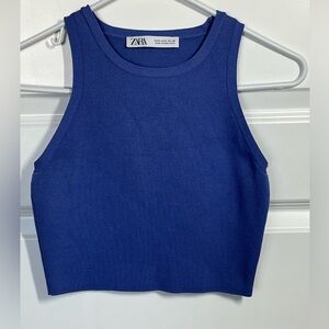 Zara Blue Ribbed Crop Tank Top Fitted Sleeveless Minimalist Basic Size Small